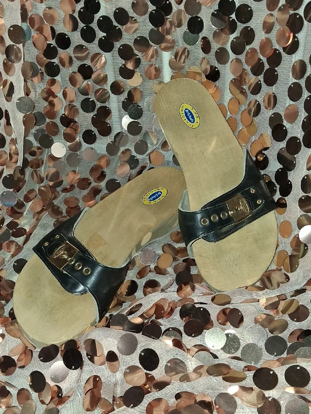 Dr. Scholl's Vintage Navy Classic Mules with Functional Gold Buckle Enclosure - Picture 1 of 10